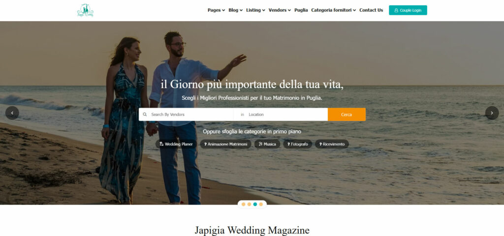 Organizza il tuo matrimonio da sogno in Puglia con Japigia Wedding. Scenografie personalizzate, artisti locali, effetti visivi e atmosfere uniche per un evento indimenticabile. Celebra l’amore tra ulivi millenari, borghi pittoreschi e masserie storiche, immergendoti nella magia di una terra straordinaria. Trasforma il tuo giorno speciale in un’esperienza raffinata e memorabile, perfettamente curata in ogni dettaglio.