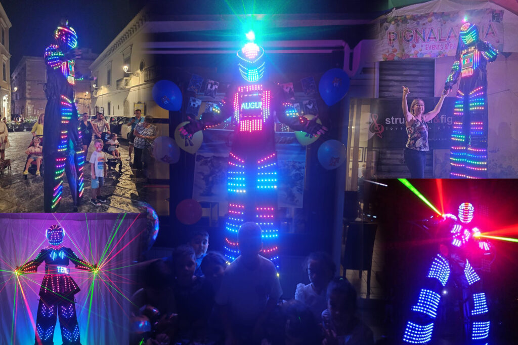 Spettacolo di animazione futuristica in Puglia con mega robot luminosi alti 3 metri, luci LED, laser e effetti speciali. Show coinvolgente per grandi e piccini, con trame divertenti, scenografie mozzafiato e momenti fotografici. Durata flessibile (20-60 minuti) e spazio minimo richiesto di 7 metri quadri. Un evento unico per intrattenere e stupire il pubblico con un'esperienza fantascientifica indimenticabile.