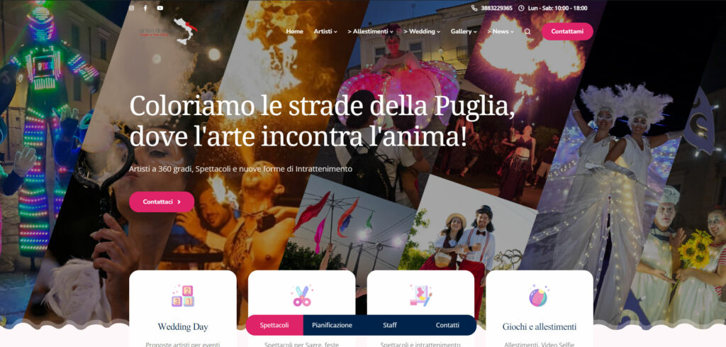 Artisti di Strada Puglia è il portale ideale per scoprire e contattare direttamente artisti e performer senza intermediari. Offre un'ampia selezione di trampolieri, giocolieri, sputafuoco, mimi, clown, maghi, acrobati e molti altri artisti per eventi privati, matrimoni, sagre, feste di paese ed eventi aziendali. Personalizza il tuo evento con spettacoli e animazioni su misura in tutta la Puglia, comprese città come Bari, Lecce, Brindisi e Taranto. Visita il sito per prenotare artisti e rendere il tuo evento indimenticabile.